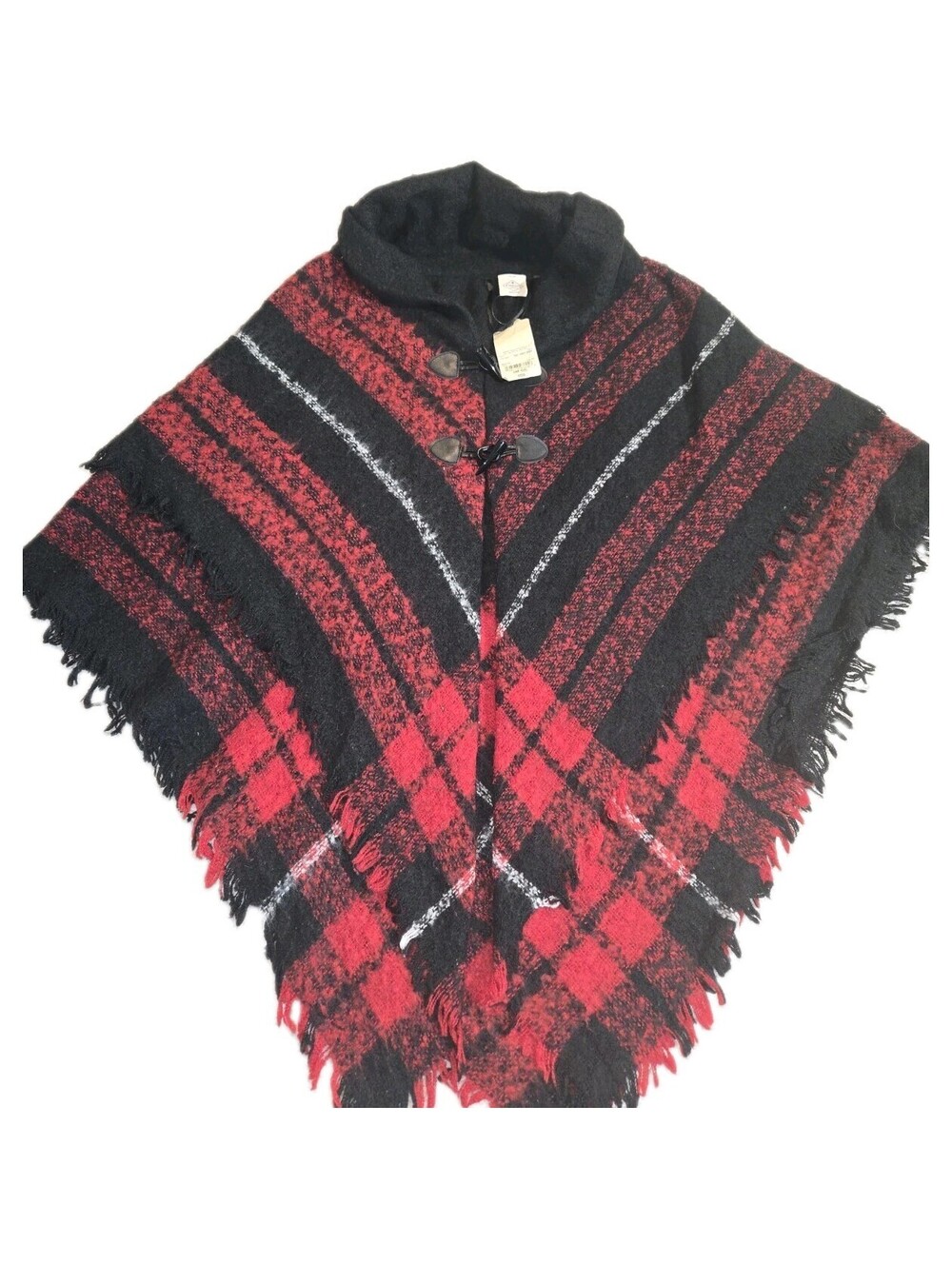 St. Johns Bay NWT Red Black Plaid Poncho Fringe Toggle Buttons One Size Boho...